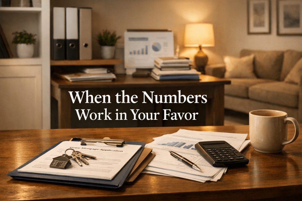 A workspace featuring a mortgage application, keys, financial documents, a calculator, and a coffee cup, with a chart in the background and the text 'When the Numbers Work in Your Favor'.