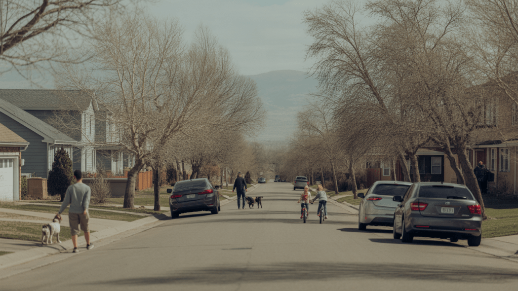 Quiet residential street in Aurora, Colorado with mature trees and single-family homes.