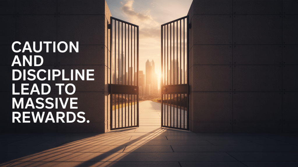 An open gateway leading to a city skyline at sunset, with the text 'Caution and discipline lead to massive rewards.' overlaid.