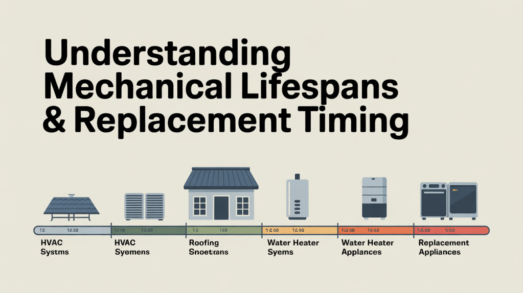 Diagram illustrating mechanical lifespans and replacement timing for HVAC systems, roofing, water heaters, and appliances.