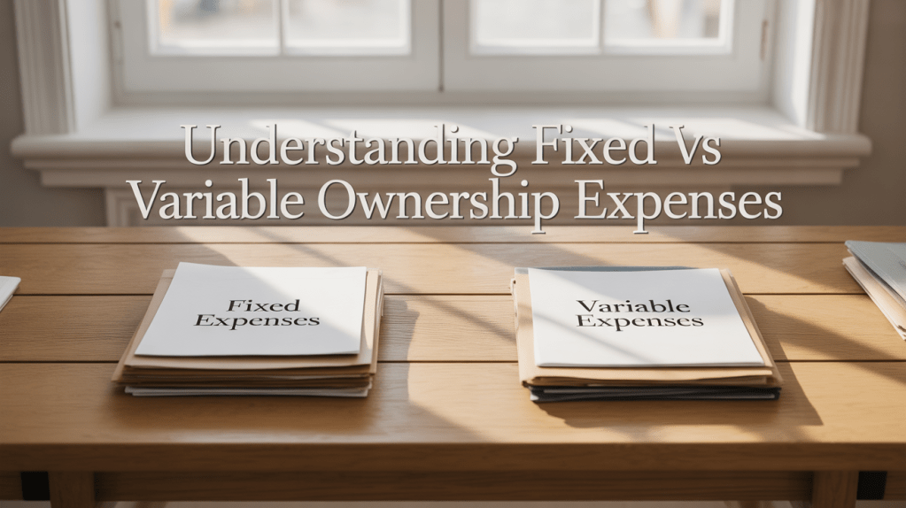 A wooden table with two folders labeled 'Fixed Expenses' and 'Variable Expenses', with natural light streaming in from a window.