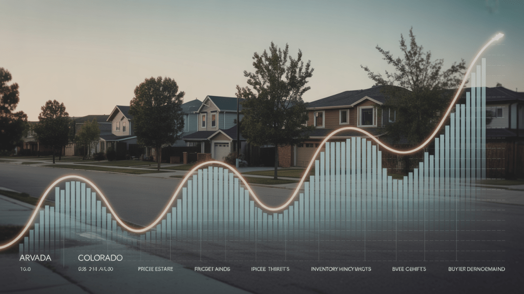 Professional infographic visualizing Arvada housing metrics including pricing movement and inventory levels.
