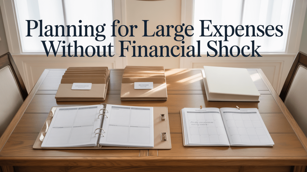 A wooden table with various planning materials, including a binder, notebooks, and organized folders, titled 'Planning for Large Expenses Without Financial Shock' in an elegant font.