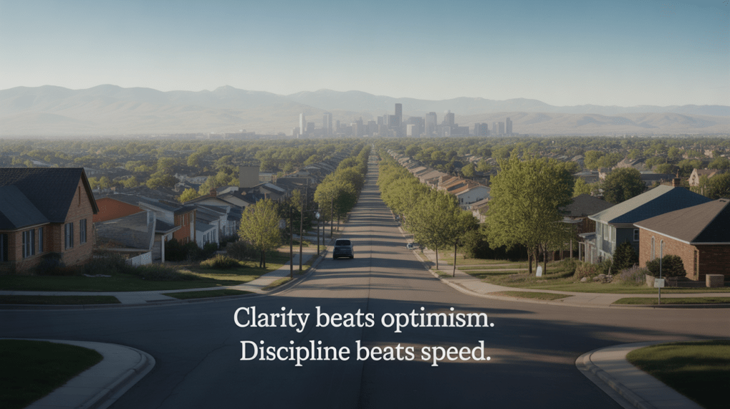 Tree-lined residential street leading toward the Denver skyline, symbolizing long-term clarity and disciplined decision-making.