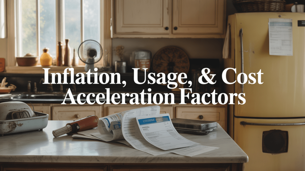 A kitchen countertop with papers and utility bills on it, showcasing a retro kitchen with a yellow refrigerator in the background and sunlight streaming through the windows. Text overlay reads 'Inflation, Usage, & Cost Acceleration Factors.'