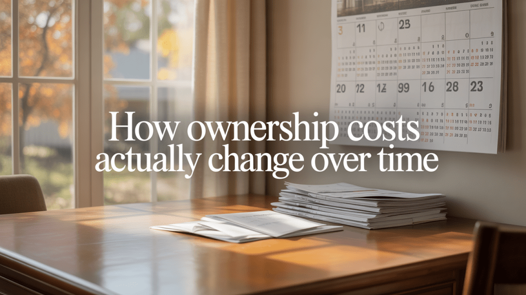 A well-lit wooden desk with stacks of papers and a visible calendar on the wall, featuring the text 'How ownership costs actually change over time'.