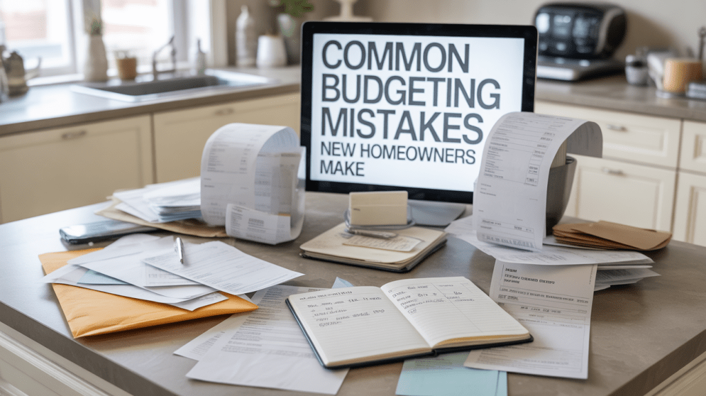A cluttered kitchen table featuring various papers, bills, and an open notebook with a pen. A computer monitor displays text about 'Common Budgeting Mistakes New Homeowners Make.'