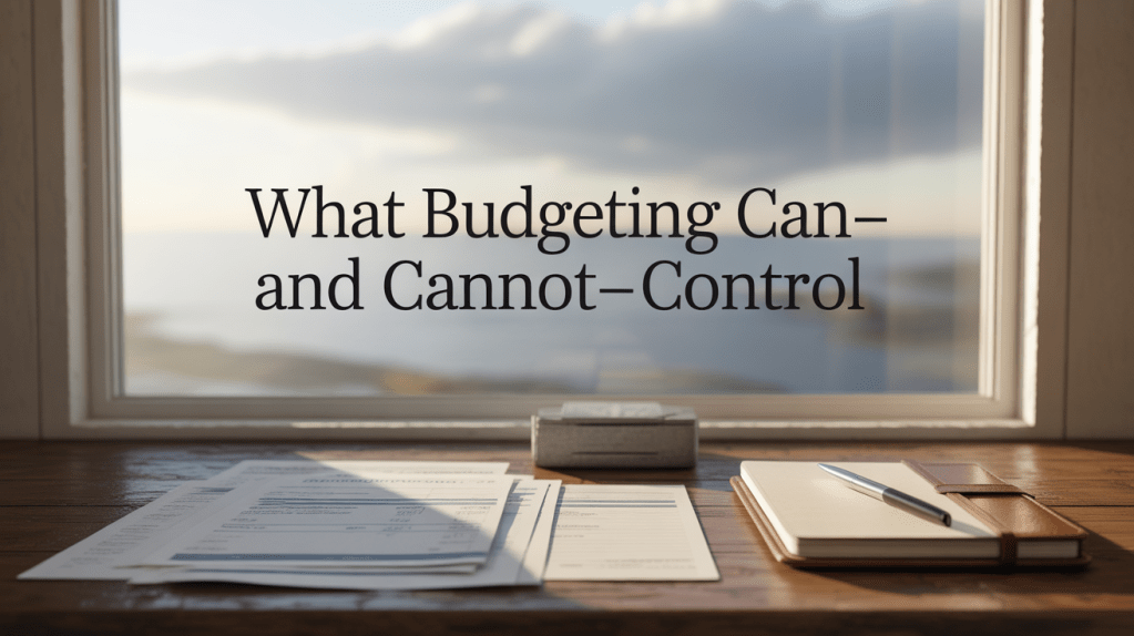 A desk with paperwork, a notebook, and a pen, set against a window view highlighting a distant landscape. The text overlay reads 'What Budgeting Can- and Cannot-Control'.