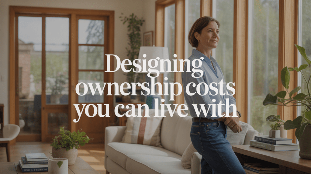 A woman stands in a well-lit living room, looking out of large windows, with the text 'Designing ownership costs you can live with' displayed prominently.