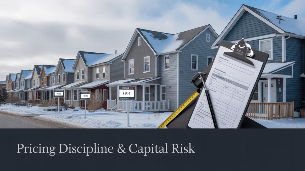 Residential homes with pricing signage and a clipboard in the foreground, representing pricing discipline and capital risk in housing decisions.
