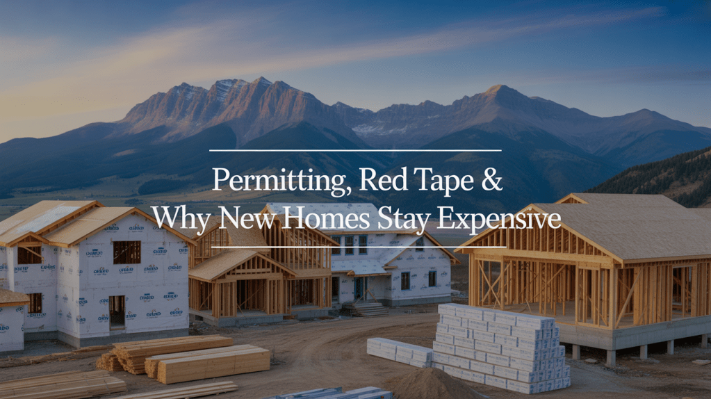 Editorial-style image of new homes under construction with exposed framing and stacked materials in the foreground, set against the Colorado mountains at dusk, overlaid with the headline &lsquo;Permitting, Red Tape & Why New Homes Stay Expensive.