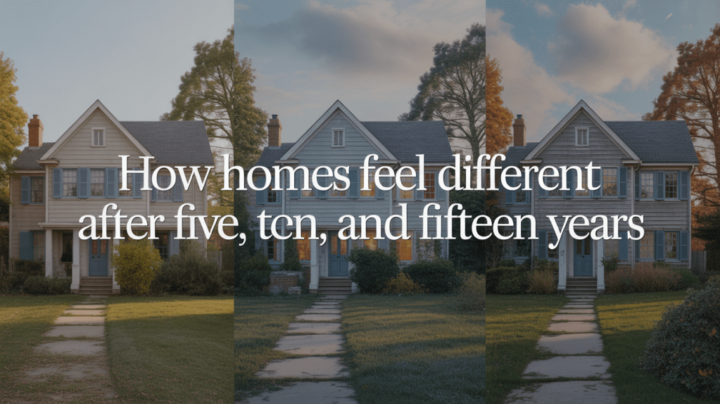 A visual comparison of three houses that show changes over five, ten, and fifteen years, with the title 'How homes feel different after five, ten, and fifteen years' prominently displayed.