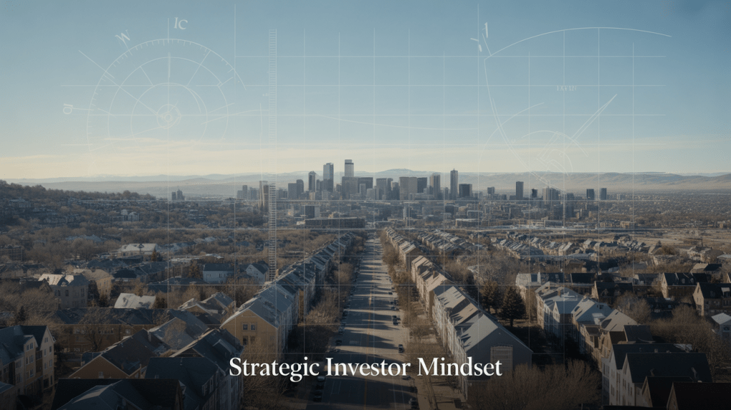 Aerial view of Denver neighborhoods with analytical overlays, representing a strategic mindset for real estate investors.