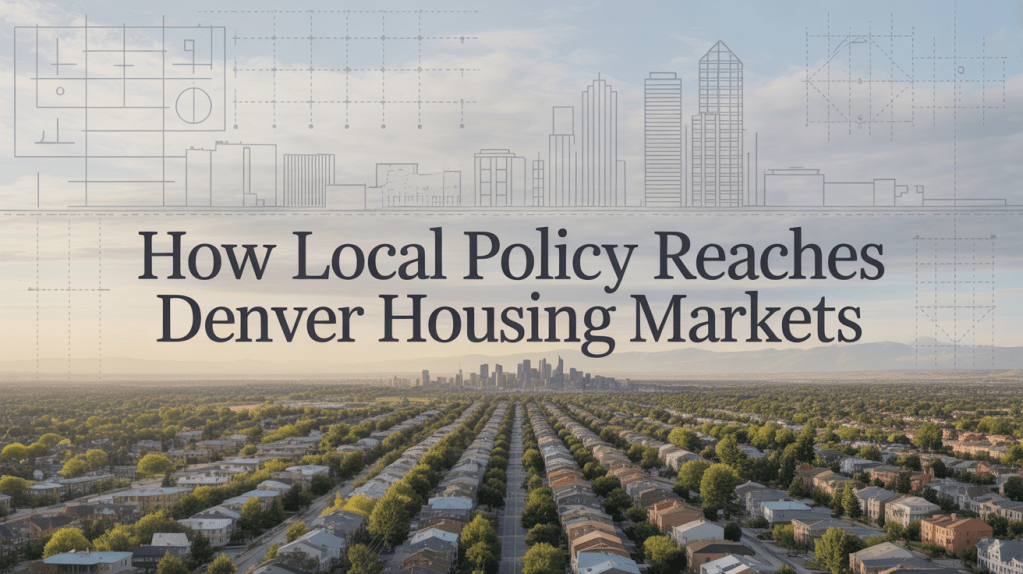 &ldquo;Aerial editorial image of Denver&rsquo;s residential neighborhoods stretching toward the downtown skyline, with subtle blueprint-style overlays and city outlines, overlaid with the headline &lsquo;How Local Policy Reaches Denver Housing Markets.&rsquo;