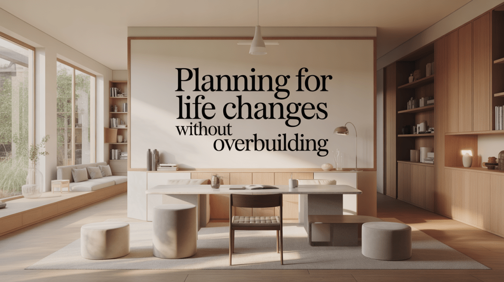 Modern interior room with a large wall featuring the text 'Planning for life changes without overbuilding.' The space includes minimalist furniture and natural light from large windows.