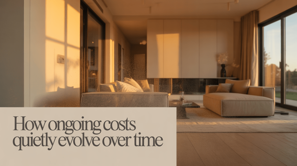 A modern living room with large windows allowing natural light to fill the space. The room features a beige sectional sofa, a coffee table, and decorative elements. A text overlay reads, 'How ongoing costs quietly evolve over time.'