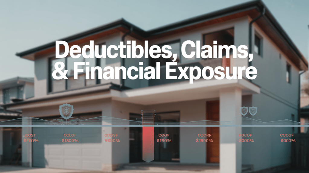 A modern house with a focus on financial concepts: deductibles, claims, and financial exposure, featuring graphical data related to costs and percentages.