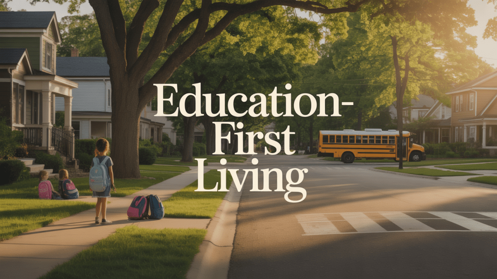 Yellow school bus on a quiet residential street in Denver, symbolizing education-focused neighborhood living.