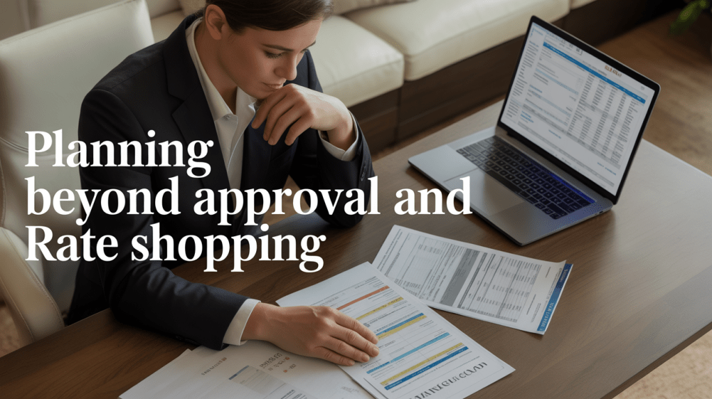 A professional individual sits at a desk reviewing documents and analyzing data on a laptop, with text overlay discussing planning beyond approval and rate shopping.
