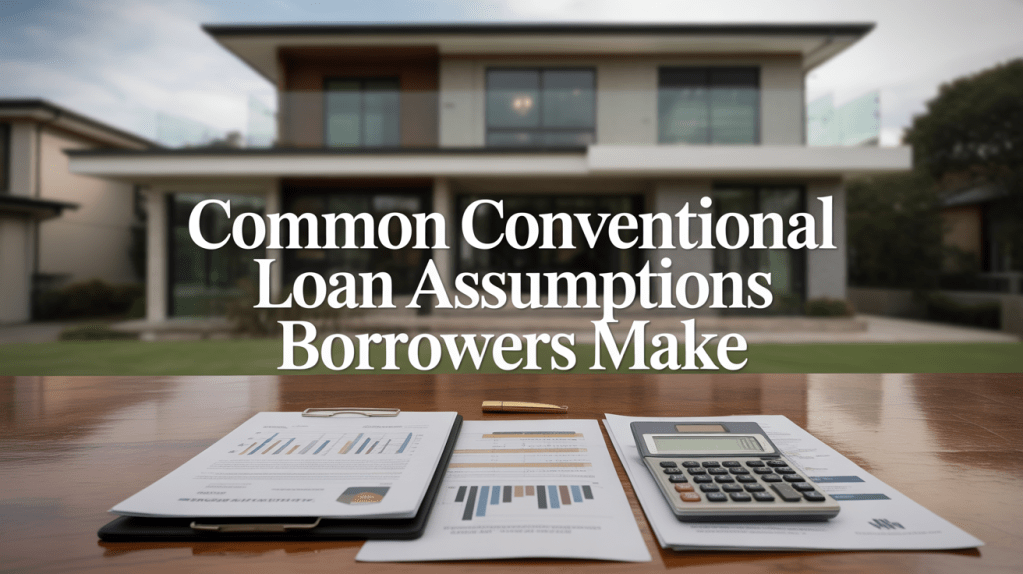 A calculator and financial documents are displayed on a wooden table in front of a large modern house, with the text 'Common Conventional Loan Assumptions Borrowers Make' in the foreground.