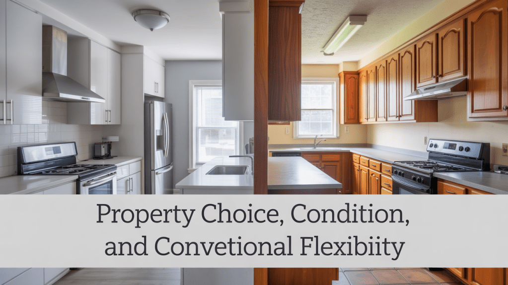 A side-by-side comparison of two kitchens: one modern with light-colored cabinets and stainless steel appliances, and the other traditional with wooden cabinets and black appliances.