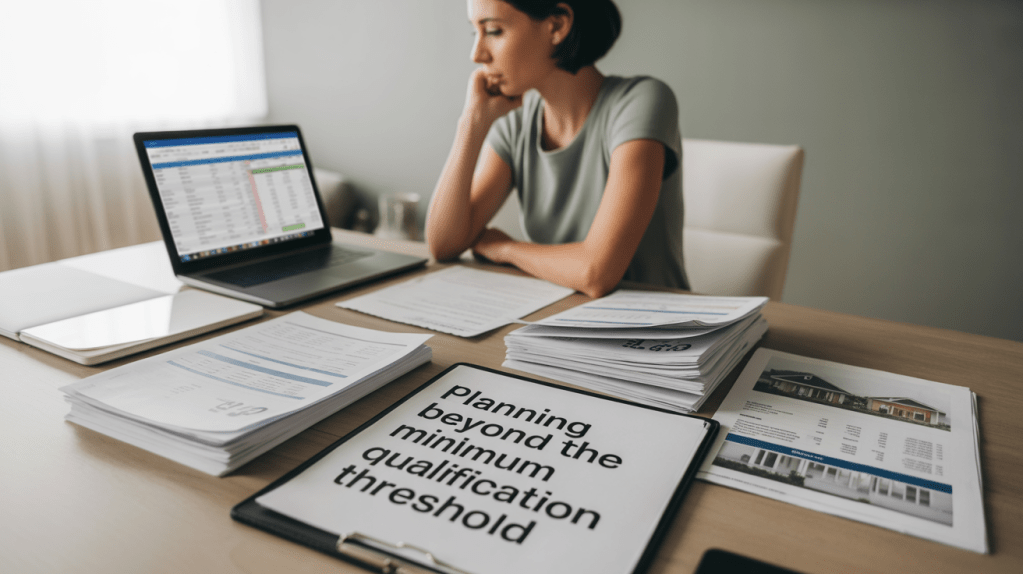 A focused woman sitting at a desk, reviewing documents and a laptop displaying a spreadsheet, with various papers and a clipboard that reads 'Planning beyond the minimum qualification threshold'.