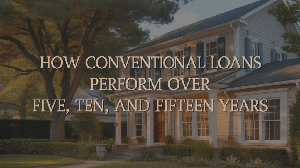A peaceful residential house with a front yard, featuring text overlay about the performance of conventional loans over five, ten, and fifteen years.