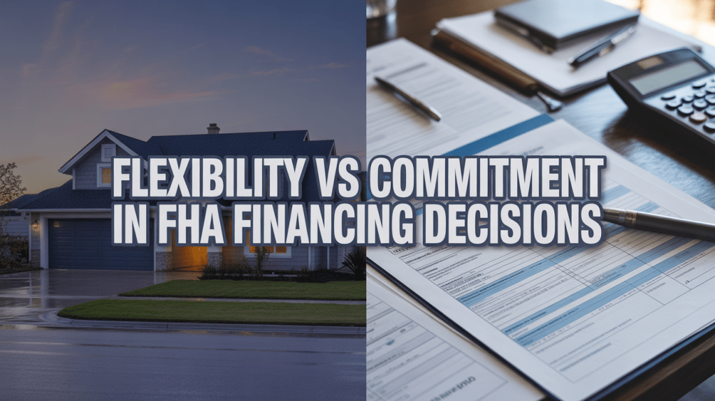 A split image showcasing a house on one side and financial documents with a calculator on the other, illustrating the theme of flexibility versus commitment in FHA financing decisions.
