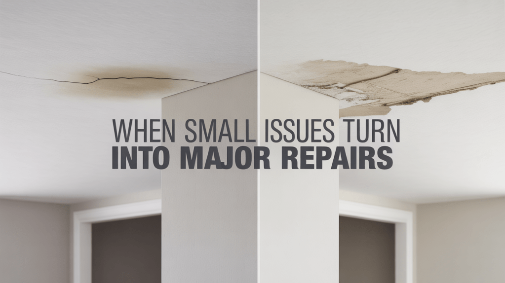 Split ceiling with a water stain on one side and a large damaged area on the other, highlighting the difference between small issues and major repairs.