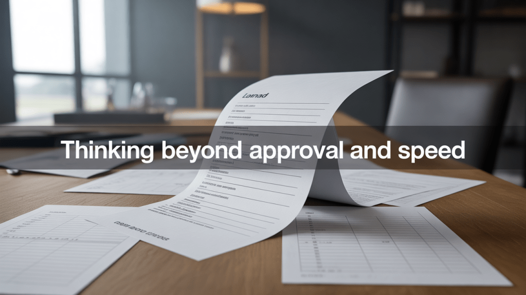 A wooden desk with several documents and forms scattered across it, featuring a focus on a prominently displayed page with the word 'Leonard' at the top, with text that reads 'Thinking beyond approval and speed'.
