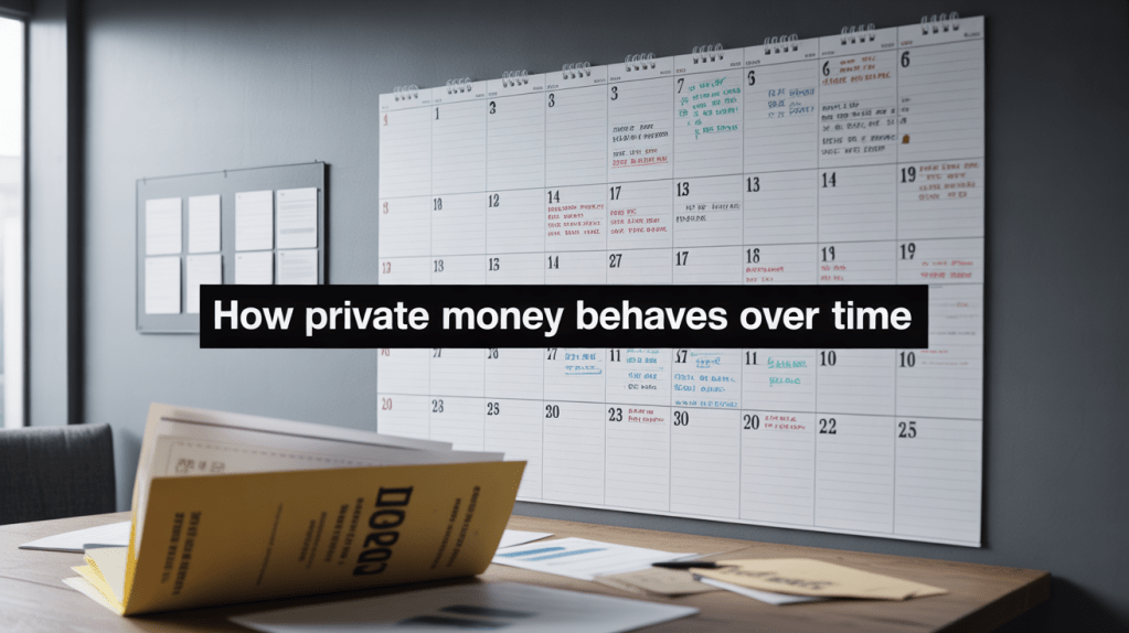 A calendar on a wall with notes and annotations illustrating the concept of private money behavior over time, with a desk in the foreground featuring open documents.