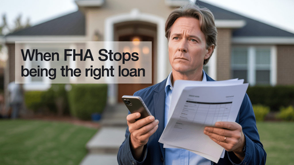 A man standing outside a house, holding paperwork and a smartphone, looking thoughtfully at the documents with text overlay that reads 'When FHA Stops being the right loan'.