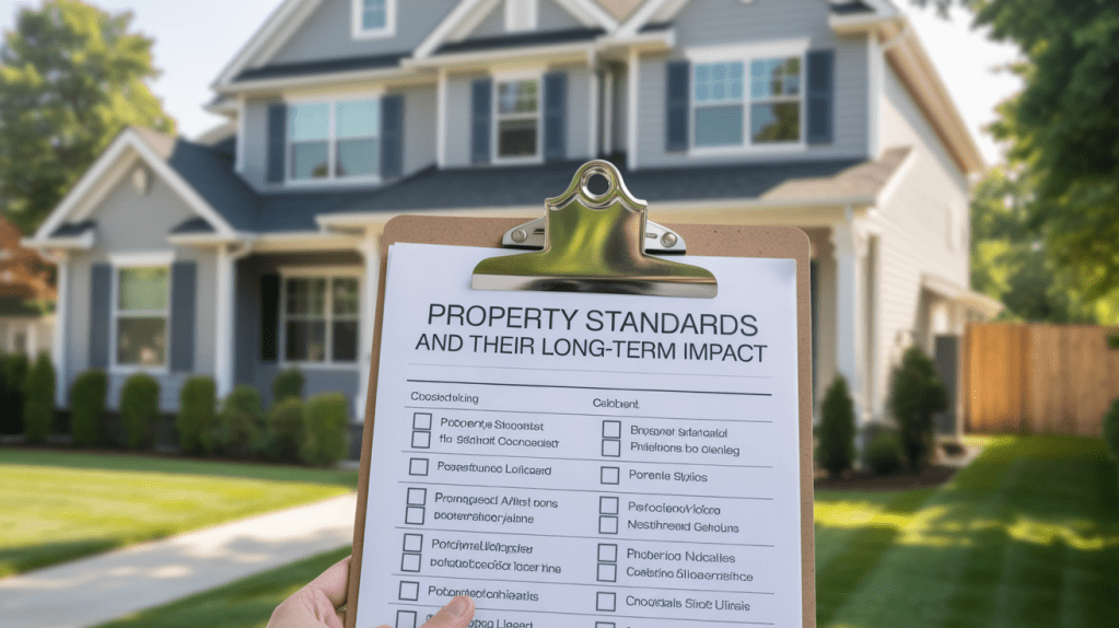 A clipboard holding a checklist titled 'Property Standards and Their Long-Term Impact' in front of a residential house.