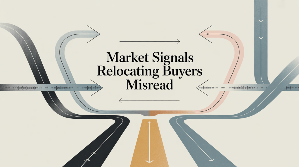 Abstract infographic illustrating opposing market signals and directional trends that relocating homebuyers often misinterpret.