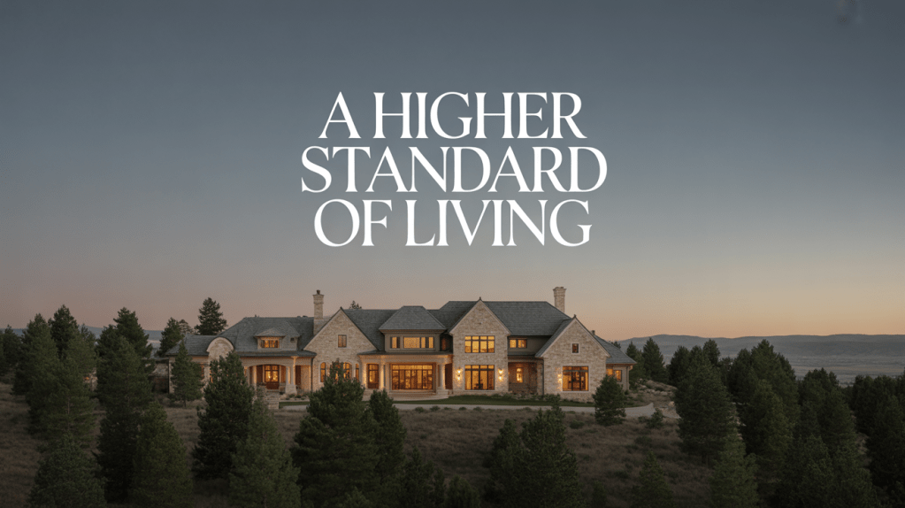 Luxury Colorado estate at sunset surrounded by pine trees, representing an elevated standard of living in the Denver metro area.
