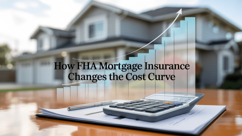 A calculator on a desk with a notepad, in front of a house, with a graph showing an upward trend and the text 'How FHA Mortgage Insurance Changes the Cost Curve' overlayed.