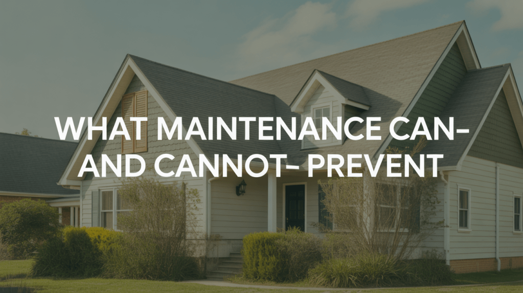 A suburban home with a well-maintained exterior surrounded by greenery, featuring text overlay about maintenance prevention.