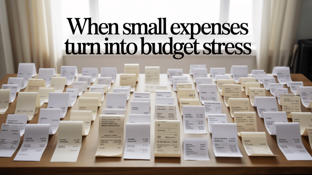 A table covered with numerous receipts representing small expenses, alongside the text 'When small expenses turn into budget stress'.