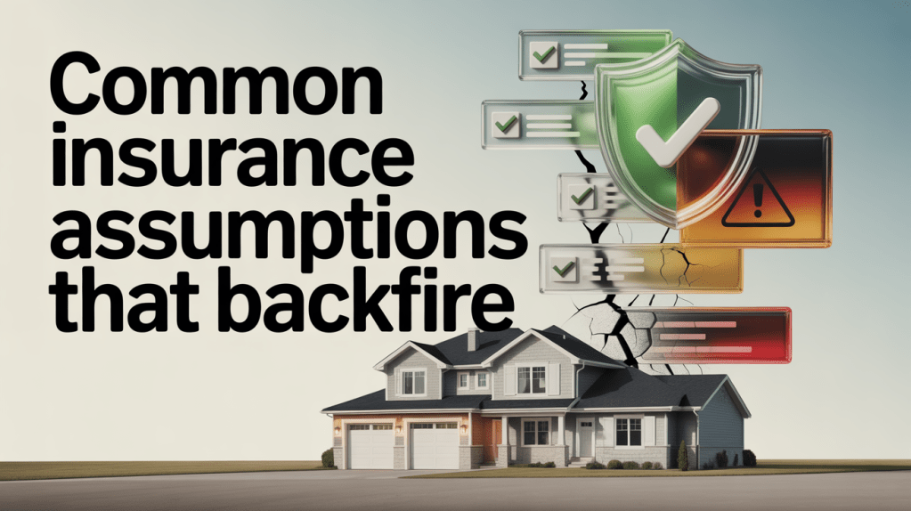 Text overlay: 'Common insurance assumptions that backfire' with an image of a house and graphical elements representing insurance concepts.