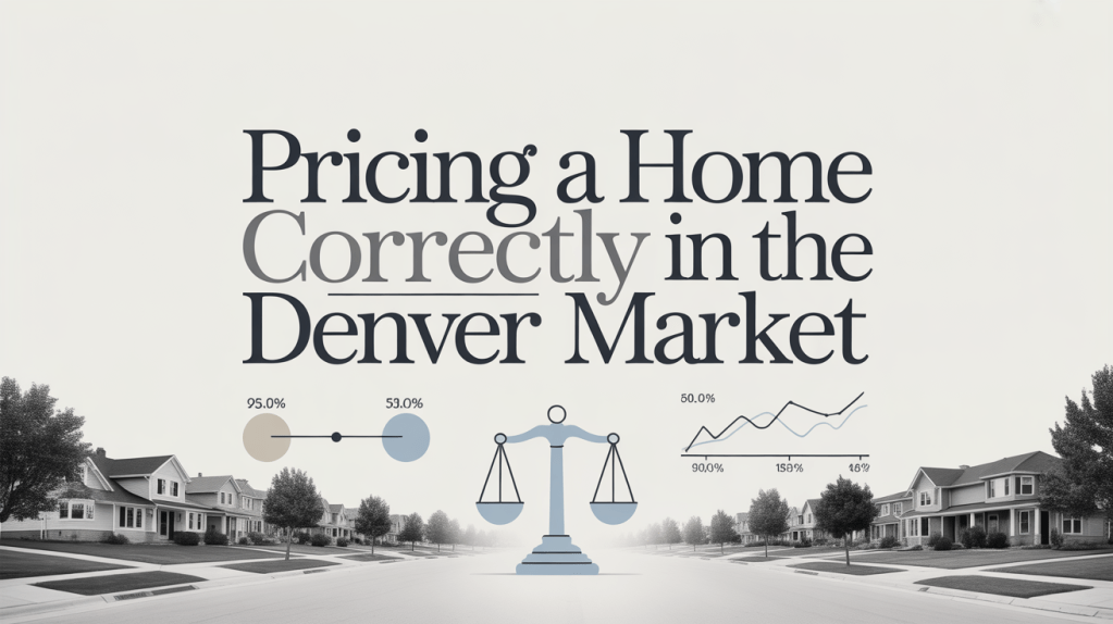 Editorial graphic showing pricing data, balance scales, and housing trends related to pricing homes in the Denver market.