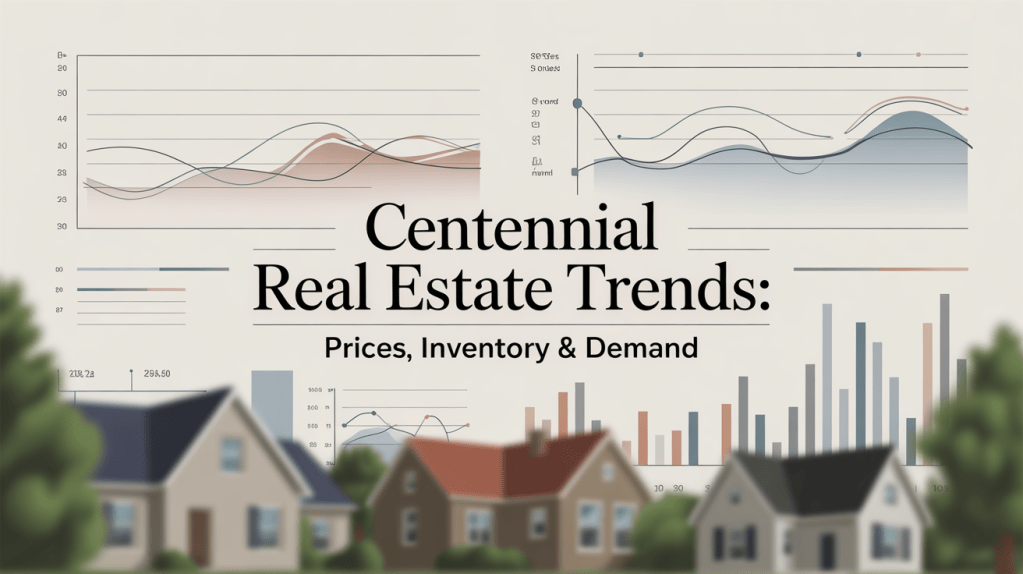Editorial infographic showing housing price, inventory, and demand trends over a Centennial neighborhood backdrop.