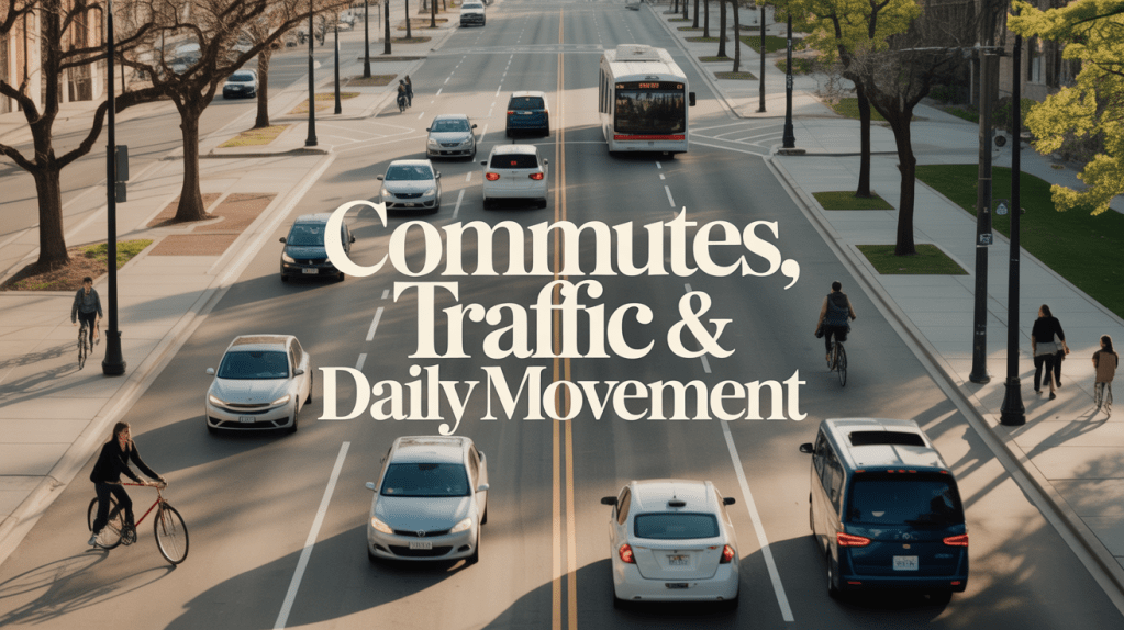 Denver city street with cars, cyclists, buses, and pedestrians, illustrating daily commute and traffic patterns.