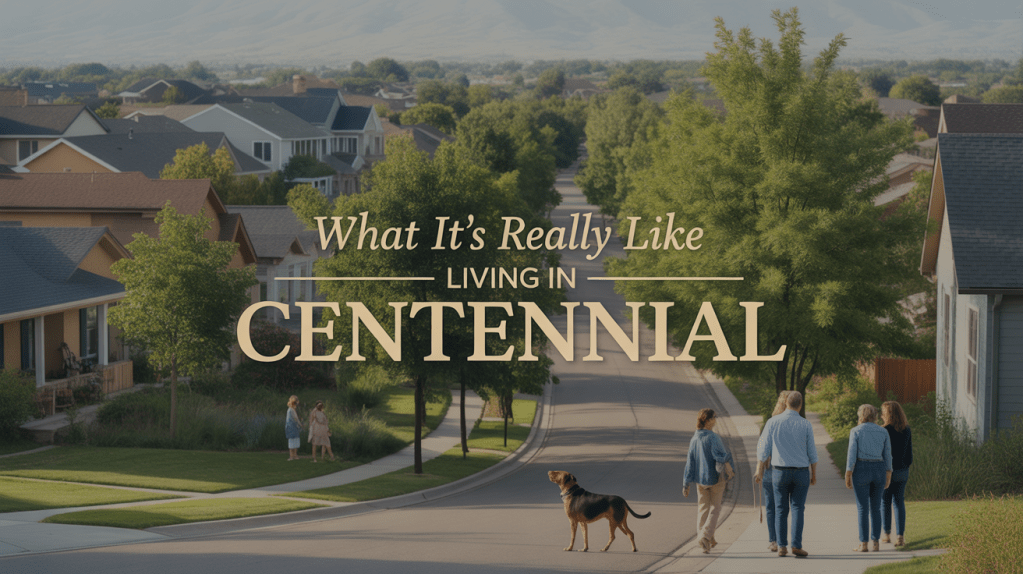 Families walking through a quiet Centennial neighborhood with tree-lined streets and detached homes.