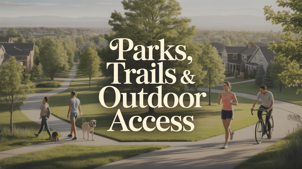 Residential Denver neighborhood with walking paths, green space, and outdoor activity, showing access to parks and trails.