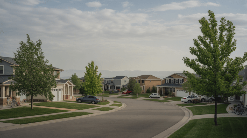 Quiet residential street in Aurora, Colorado with mature trees and single-family homes.