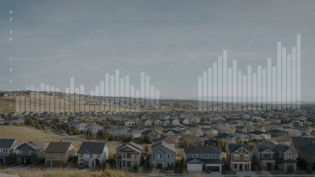 Suburban housing development with transparent data charts overlayed, representing local market performance trends