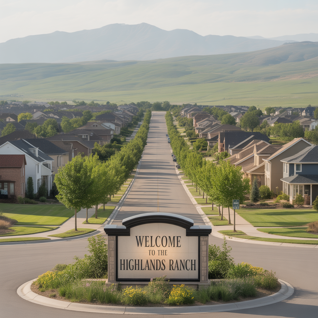 Entrance monument welcoming visitors to Highlands Ranch, framed by a long residential boulevard, manicured homes, and open space beyond.