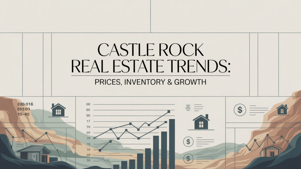 Editorial infographic illustrating real estate prices, inventory, and growth trends in Castle Rock, Colorado.