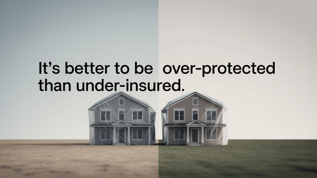 Two houses side by side, one covered in protective material and one exposed, with the text 'It&rsquo;s better to be over-protected than under-insured.'