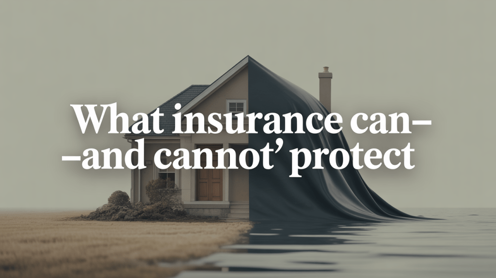 A split image depicting a house on one side and a flood on the other, with text overlay stating 'What insurance can--and cannot protect.'